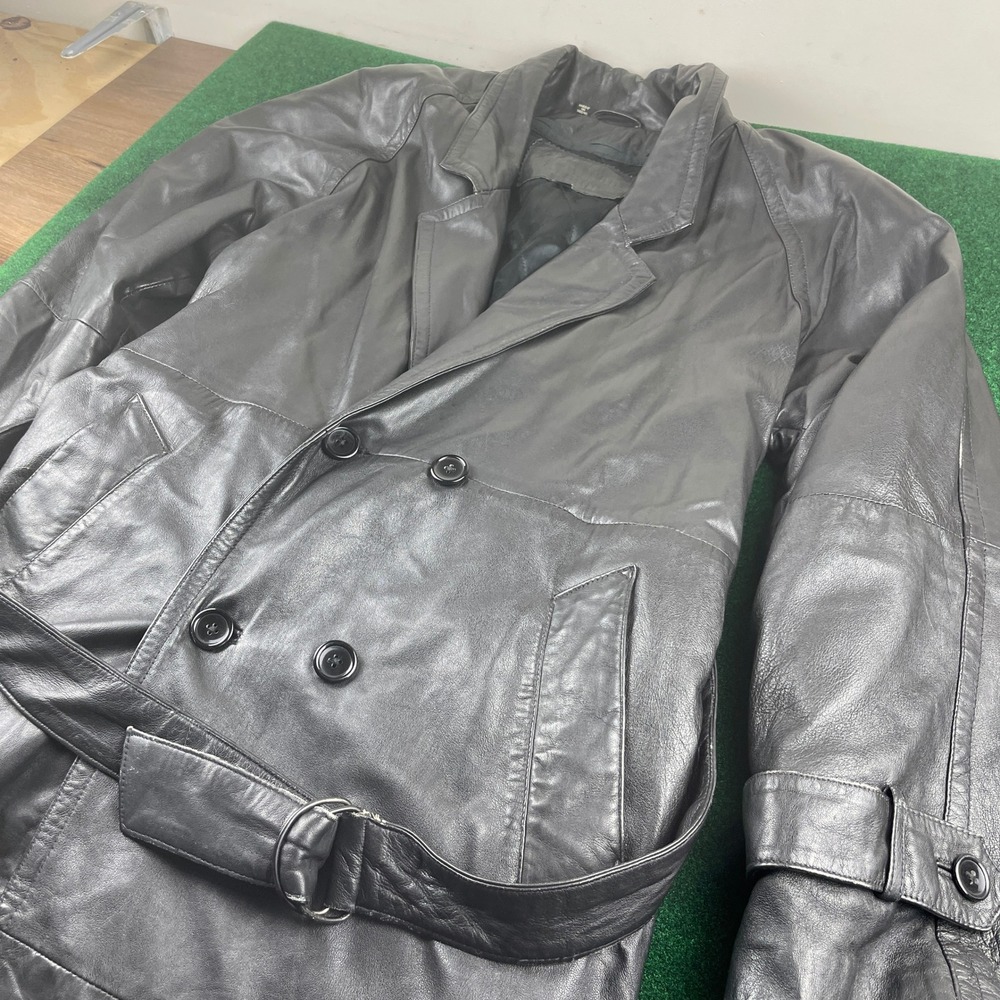American Armor Black Leather Double Breasted Belted‎ Trench Coat Classic Style